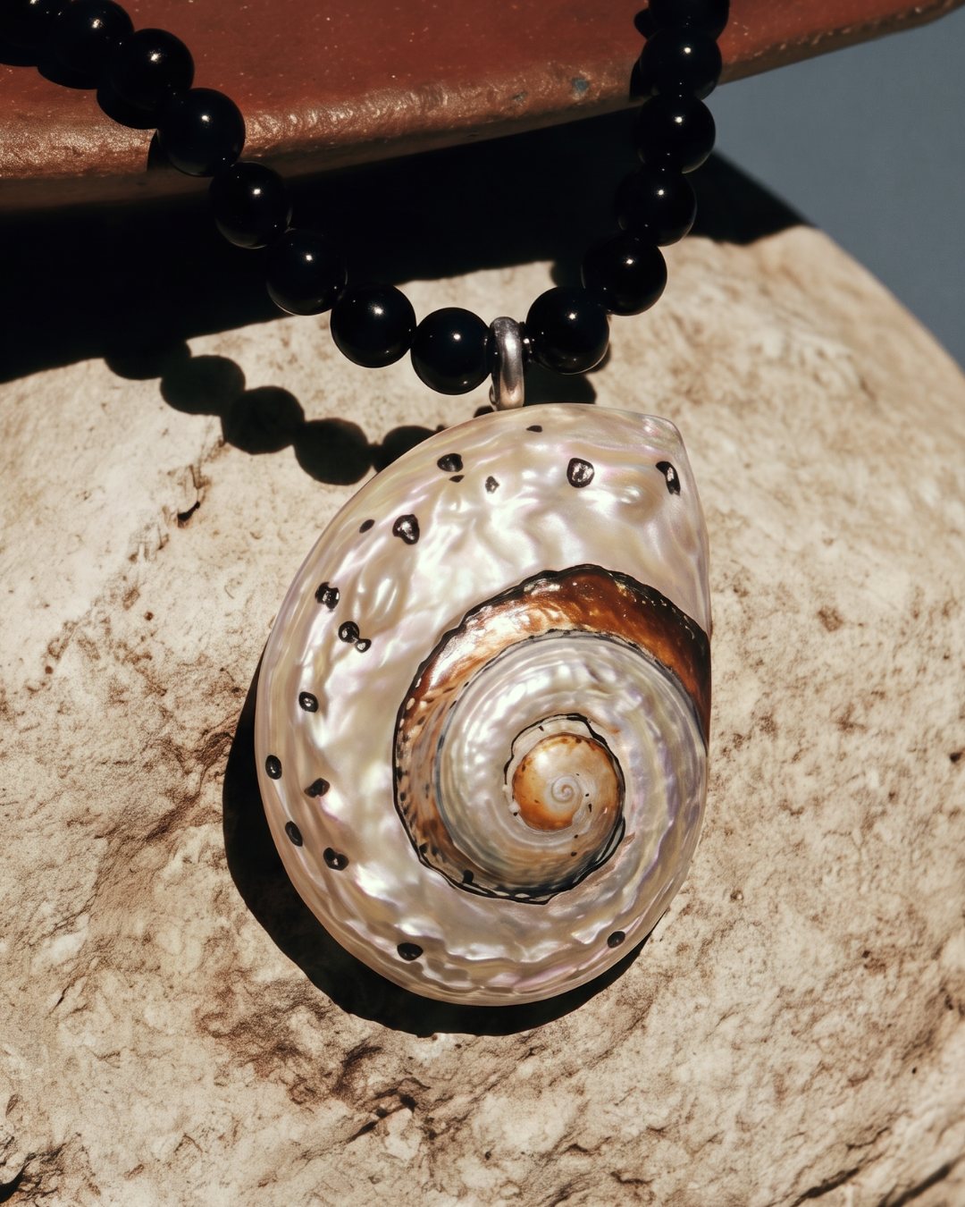 A shell-shaped pendant necklace with a spiral abalone shell design, hanging from a black beaded chain on a textured stone surface.