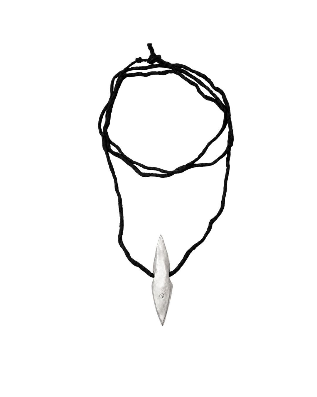 A black cord necklace with a polished silver pendant shaped like a stylized arrowhead, shown against a plain white background.