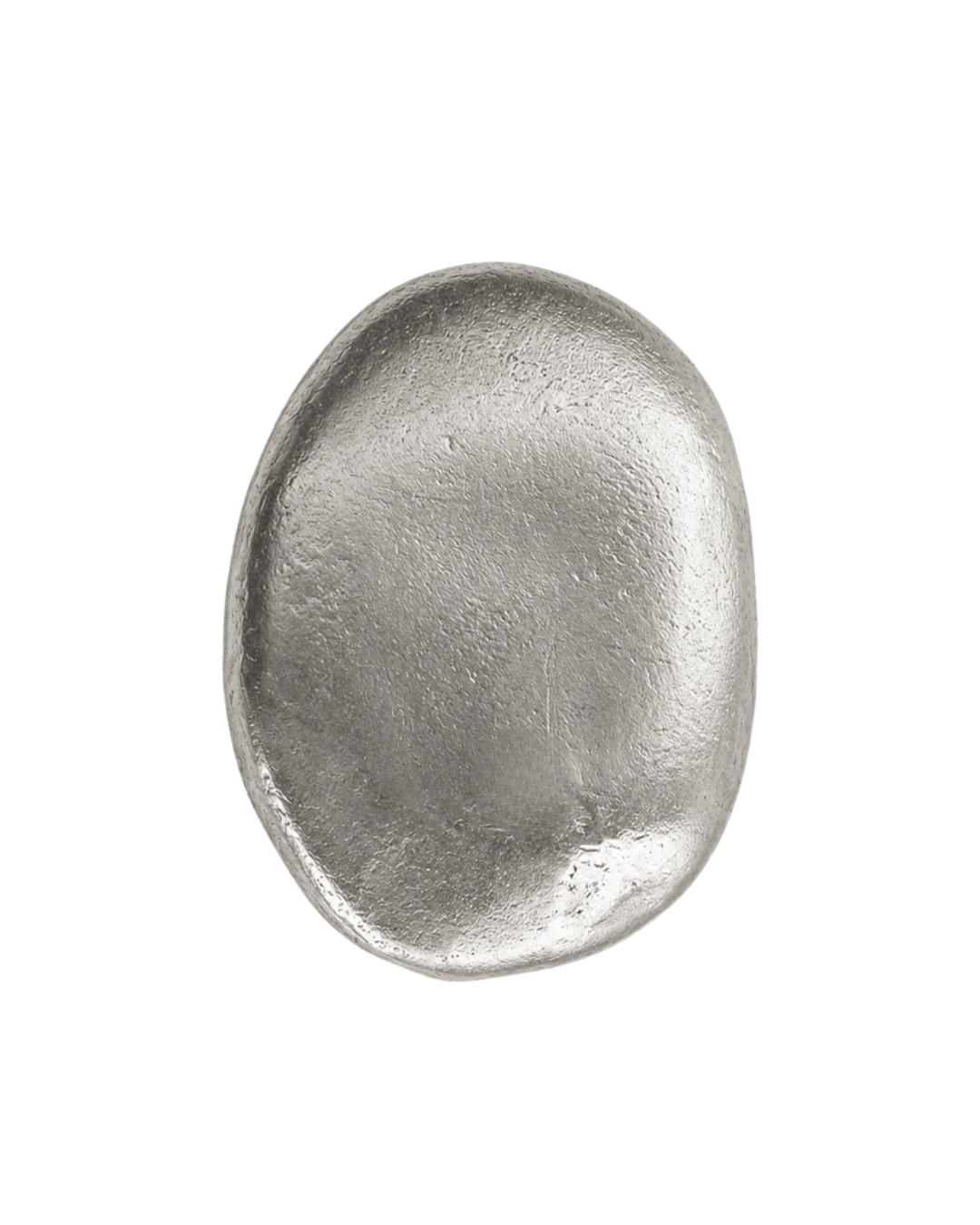 A single metallic silver oval-shaped object with a textured, matte finish, isolated on a solid white background.