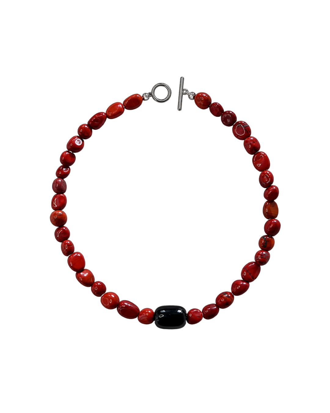 A beaded bracelet made of glossy red beads with a single black bead accent and a silver toggle clasp, shown on a plain white background.