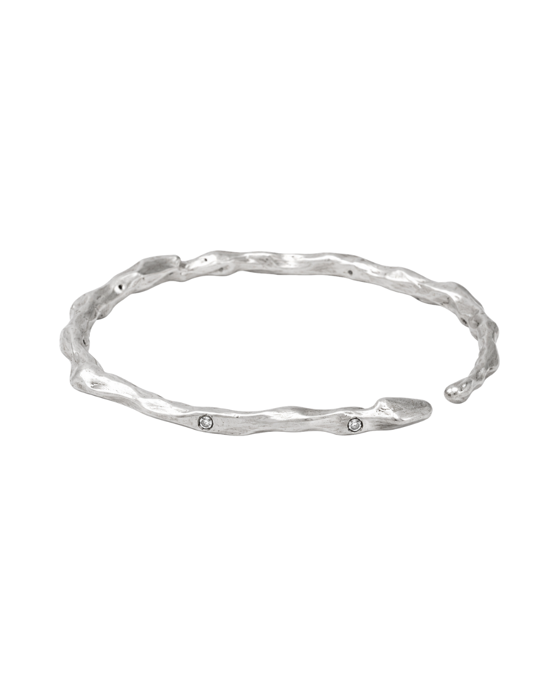 A textured silver cuff bracelet with three small clear diamonds set along the front, displayed on a solid white background.
