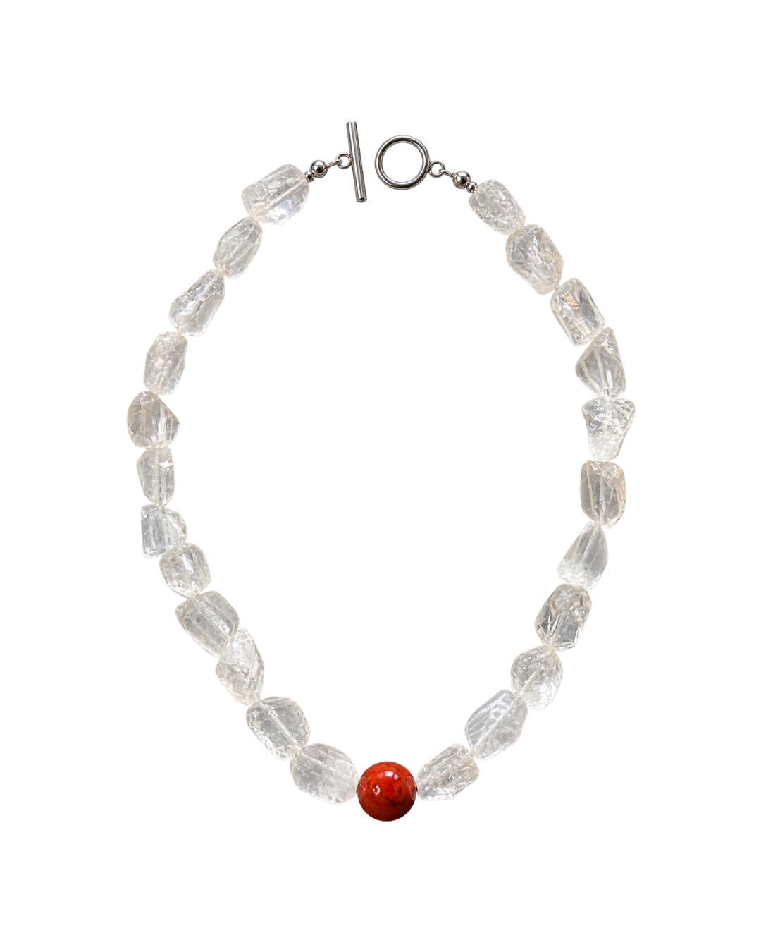 A beaded necklace made of clear faceted crystal-like beads with a single round red accent bead near the bottom center, finished with a silver toggle clasp, shown on a plain white background.