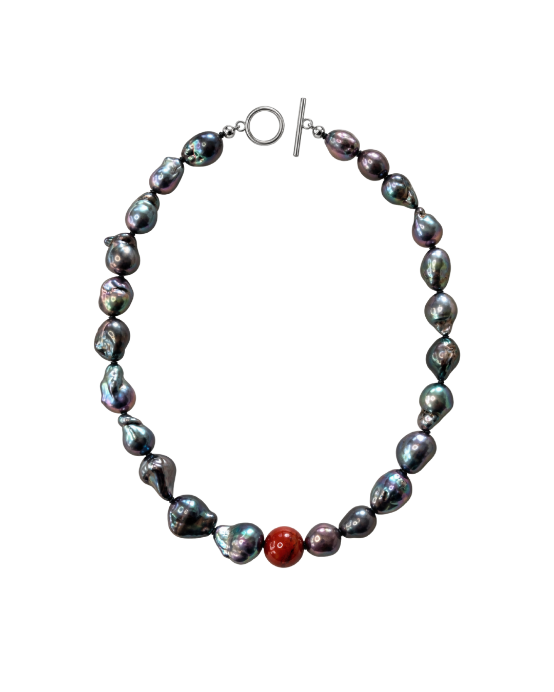 A baroque pearl necklace with a single red accent bead and a silver toggle clasp, displayed on a clean white background.
