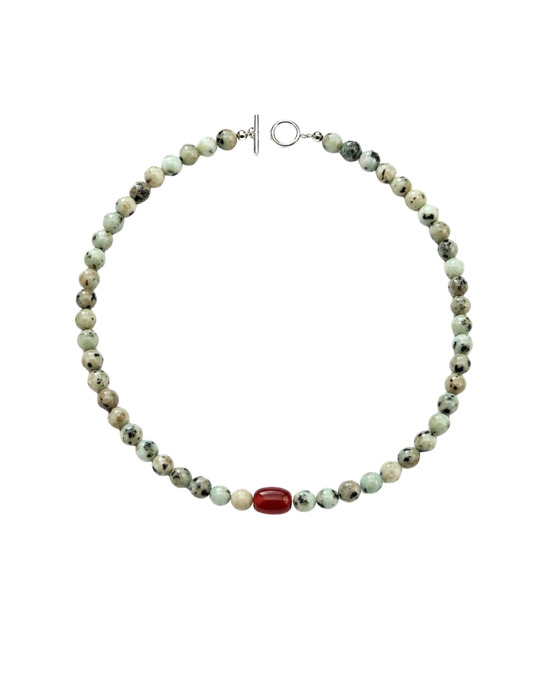 A beaded necklace made of small round beads in muted green, beige, and brown with a single prominent red oval bead at the front, finished with a silver toggle clasp, shown on a plain white background.
